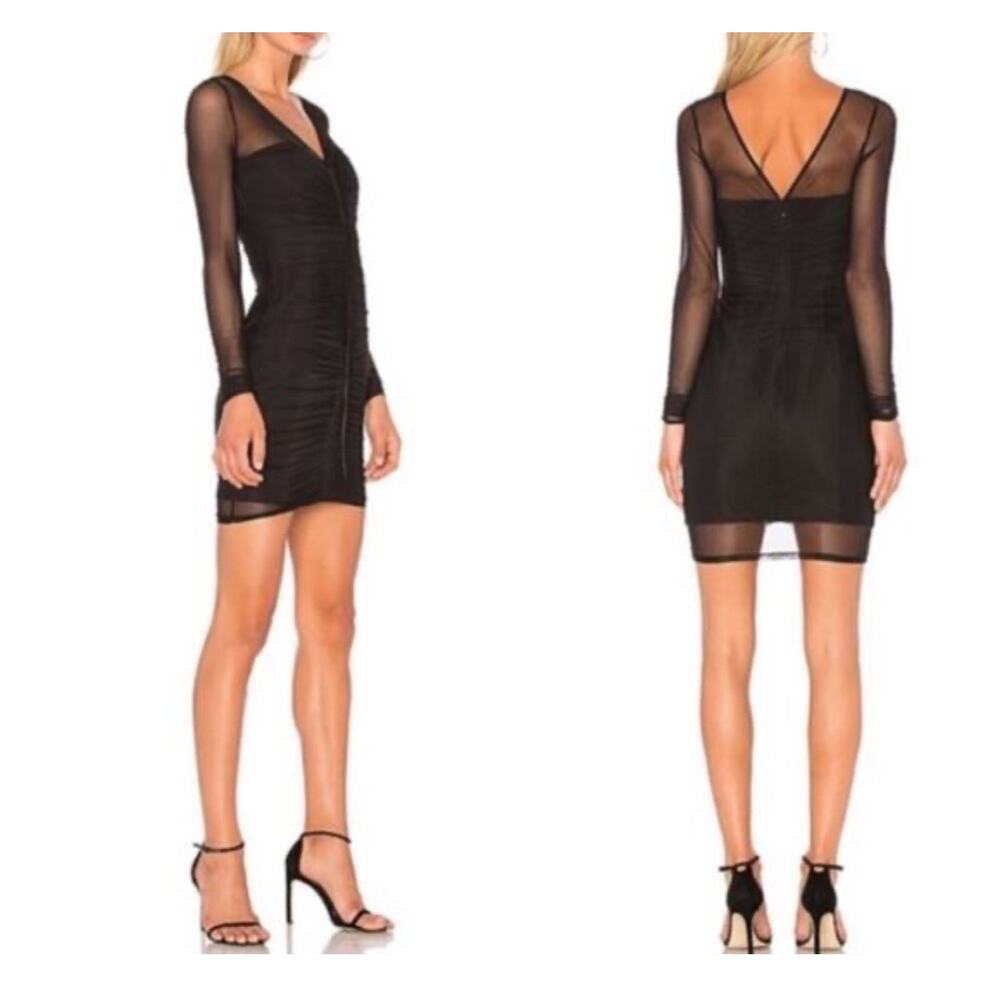 Cinq a Sept Black Ruched Mesh Mini Bodycon Dress Long Sleeves Plunging Neckline